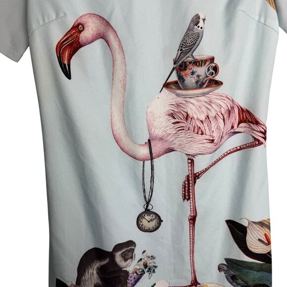 Yumi Light Blue‎ Flamingo & Monkey Print Dress Women's Size 2 Art to Wear - Picture 3 of 9